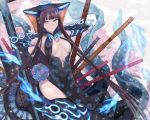  1girl bangs bare_shoulders black_dress black_gloves black_headwear black_legwear blue_eyes blue_fire blunt_bangs breasts center_opening closed_mouth dress elbow_gloves fate/grand_order fate_(series) fire fish floral_print flute gloves hair_ornament halo highres instrument large_breasts leaf_hair_ornament long_hair looking_at_viewer pipa_(instrument) purple_hair sash smile solo thighhighs thighs very_long_hair yang_guifei_(fate/grand_order) zassounabe 