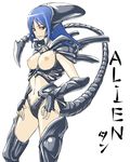  alien alien_(movie) blue_hair breasts edo_tatsuki large_breasts nipples personification red_eyes solo thighhighs xenomorph 