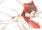  ass bad_id bad_pixiv_id bottomless bow brown_eyes brown_hair detached_sleeves feet hair_bow hakurei_reimu long_hair looking_back lying no_panties red_eyes shiratama_dango socks solo thighhighs touhou white_legwear 