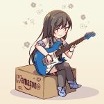  1girl amazon_(company) ayasaka bang_dream! bangs beige_background black_hair blue_footwear box bracelet brand_name_imitation collared_shirt commentary_request crossed_arms detached_sleeves electric_guitar guitar hanazono_tae instrument jewelry long_hair music playing_instrument shirt short_hair sitting sitting_on_box smile solo star suspenders thighhighs 