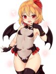  1girl alternate_costume black_gloves black_legwear black_leotard black_wings blonde_hair breasts covered_navel cowboy_shot demon_wings fingerless_gloves gloves heart highres leg_up leotard looking_at_viewer open_mouth pussy_juice red_eyes rumia shiron_(e1na1e2lu2ne3ru3) short_hair simple_background small_breasts solo thighhighs touhou white_background wings 