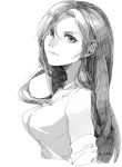  1girl breasts closed_mouth commentary earrings final_fantasy final_fantasy_vii jewelry large_breasts long_hair looking_at_viewer monochrome motu0505 simple_background solo tifa_lockhart very_long_hair white_background 