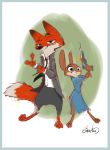  2016 anthro blue_eyes brown_body brown_fur byron_howard canid canine clothed clothing concept_art disney dress duo fox fully_clothed fur green_eyes gun handgun judy_hopps lagomorph leporid mammal nick_wilde orange_body orange_fur rabbit ranged_weapon red_fox smile tranquilizer weapon zootopia 