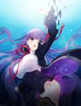  1girl bb_(fate)_(all) bb_(fate/extra_ccc) black_jacket breasts danemaru dissolving_clothes fate/extra fate/extra_ccc fate_(series) huge_breasts jacket lace lace-trimmed_legwear long_coat long_hair outstretched_hand purple_eyes purple_hair ribbon solo thighhighs underwater very_long_hair wide_sleeves 