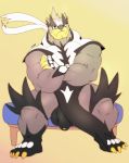  2020 anthro balls claws cursedmarked front_view legendary_pok&eacute;mon looking_at_viewer male muscular muscular_male nintendo penis pok&eacute;mon pok&eacute;mon_(species) simple_background sitting solo uncut urshifu urshifu_(single_strike_style) video_games 