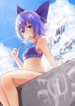 (9) 1girl bare_shoulders bikini blue_bikini blue_bow blue_hair blue_sky bow breasts cirno cloud commentary_request condensation_trail day eating food hair_bow highres ice ice_wings lens_flare looking_at_viewer outdoors paint popsicle purple_eyes short_hair sitting sky small_breasts solo summer sunlight swimsuit teaspoon_(teabreak_otya) touhou wings 