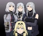  4girls ak-12_(girls_frontline) ak-15_(girls_frontline) an-94_(girls_frontline) anyan_(jooho) blonde_hair blue_eyes braid closed_eyes eyebrows_visible_through_hair french_braid girls_frontline gloves hair_over_one_eye hairband highres jacket long_hair mask_around_neck midriff multiple_girls navel pouch purple_eyes rpk-16_(girls_frontline) sidelocks silver_hair smile sweatdrop 