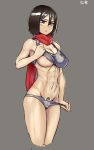  1girl abs after_sex areola_slip areolae black_hair blush bra bra_lift breasts cameltoe cropped_legs cum_on_stomach embarrassed grey_background grey_bra grey_panties hair_between_eyes large_breasts lifted_by_self looking_down mikasa_ackerman navel nisetanaka one_breast_out panties panty_pull pubic_hair pubic_hair_peek pulled_by_self red_scarf scarf shingeki_no_kyojin short_hair solo sports_bra thick_thighs thighs toned underboob underwear 