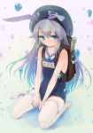  1girl animal_ears anklet backpack bag beret black_swimsuit blue_eyes blue_hair blue_headwear blue_nails blush bunny_ears character_name closed_mouth commentary droplet full_body hat jewelry koriente long_hair looking_at_viewer name_tag necklace one-piece_swimsuit pearl_necklace puddle school_swimsuit show_by_rock!! sitting smile solo swimsuit wariza water yurikuta_tsukumi 