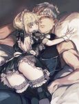  1boy 1girl archer artoria_pendragon_(all) ass back_bow black_bow black_dress black_footwear black_panties blonde_hair boots bow dress fate/stay_night fate_(series) frills grey_eyes hair_bow hand_on_own_face looking_at_viewer maid maid_headdress panties pillow saber_alter short_dress short_hair thigh_boots thighhighs underwear white_bow white_hair wrist_cuffs yaku_(ziroken) yellow_eyes 