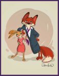  anthro barefoot blue_eyes border byron_howard canid canine clothed clothing clothing_grab concept_art dipstick_ears dipstick_tail disney dress duo female fox green_eyes hi_res judy_hopps lagomorph leaning leporid looking_at_viewer male mammal multicolored_ears multicolored_tail necktie nick_wilde official_art purple_border rabbit signature standing zootopia 