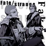  2boys buzz_cut caster_(fate/strange_fake) chair coat copyright_name elbow_rest fate/strange_fake fate_(series) fur_collar high_contrast highres holding holding_phone male_focus monochrome multiple_boys orlando_reeve phone redoxhn rotary_phone scar sitting 
