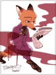  2016 anthro canid canine chair cigarette clothed clothing disney fox fully_clothed fur furniture holding_object mammal mtttut_(artist) newspaper nick_wilde orange_body orange_fur red_fox sitting smoking solo zootopia 