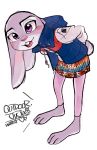  2016 anthro barefoot bent_over biped blush bottomwear buckteeth clothed clothing disney female fully_clothed hands_behind_back jacket judy_hopps lagomorph leporid looking_at_viewer mammal mtttut_(artist) open_mouth open_smile rabbit simple_background skirt smile solo teeth topwear white_background zootopia 
