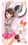 1girl :d breasts brown_hair commentary_request creature gen_8_pokemon hands_up hat highres jumping looking_at_viewer mikannjs open_mouth pink_skirt plaid_footwear pokemon pokemon_(creature) pokemon_special scorbunny shoes short_hair skirt small_breasts smile socks tate_shirudomiria 