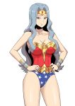  1girl absurdres bare_shoulders blue_eyes blue_hair bracelet breasts cleavage collarbone cosplay cowboy_shot elite_four hands_on_hips highres jewelry karin_(pokemon) large_breasts leotard long_hair pokemon simple_background smile solo strapless tiara vmfhaldnjfem white_background wonder_woman wonder_woman_(cosplay) 