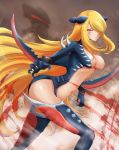  1girl blonde_hair blood bodysuit breasts claw_pose cosplay garchomp garchomp_(cosplay) gen_4_pokemon hair_over_one_eye highres impossible_clothes jojobirdz large_breasts long_hair navel pokemon pokemon_(game) pokemon_dppt red_eyes shirona_(pokemon) solo thighhighs very_long_hair 