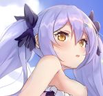  1girl arched_back areolae azur_lane bare_shoulders bikini bikini_top_removed blush bow breasts brown_eyes close-up cloud cloudy_sky commentary_request day dewey_(azur_lane) eyebrows_visible_through_hair frilled_bikini frills hair_bow lavender_hair long_hair looking_at_viewer looking_back nipples outdoors parted_lips ponta_(velmar) sidelocks sky small_breasts solo swimsuit twintails very_long_hair 
