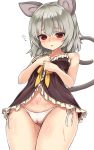  1girl :&lt; alternate_costume animal_ears babydoll bangs bare_shoulders breasts cameltoe cowboy_shot eyebrows_visible_through_hair flying_sweatdrops grey_hair highres looking_down medium_hair mouse_ears mouse_tail nazrin panties pubic_tattoo pussy_juice red_eyes shiron_(e1na1e2lu2ne3ru3) side-tie_panties simple_background small_breasts solo tail tattoo touhou underwear white_background white_panties 