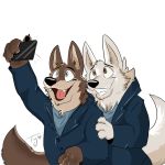  2016 anthro blue_eyes brown_body brown_eyes brown_fur canid canine canis cellphone clothed clothing coat disney duo fur gary_(zootopia) grin holding_cellphone holding_object holding_phone larry_(zootopia) male mammal open_mouth open_smile phone simple_background smile tongue topwear tykira white_background white_body white_fur wolf zootopia 