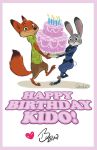  anthro barefoot birthday_cake border bottomwear byron_howard cake candle canid canine clothing dipstick_ears dipstick_tail disney duo english_text fire food fox fur green_eyes grey_body grey_fur holding_food holding_object judy_hopps lagomorph leporid mammal multicolored_ears multicolored_tail nick_wilde official_art orange_body orange_fur pants pink_border police_uniform purple_eyes rabbit red_fox shirt simple_background smile text topwear uniform white_background zootopia 