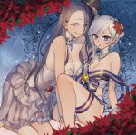  2girls asymmetrical_hair bandages black_hair blue_eyes breasts commentary_request cosplay costume_switch dress earrings eyebrows_visible_through_hair flower hair_flower hair_ornament half-closed_eyes hat jewelry kaguya_hime_(sinoalice) large_breasts long_hair looking_at_viewer multiple_girls naked_ribbon necklace ojo_aa purple_eyes ribbon sinoalice smile snow_white_(sinoalice) top_hat white_dress white_hair 