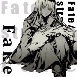  1other androgynous copyright_name enkidu_(fate/strange_fake) fate/strange_fake fate_(series) high_contrast highres long_hair monochrome petting redoxhn sitting very_long_hair wolf wolf_(fate) 