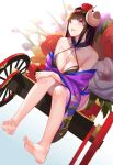  1girl azur_lane barefoot breasts brown_hair cleavage collarbone curled_horns dutch_angle eyebrows_visible_through_hair feet flower full_body hair_flower hair_ornament highres horns japanese_clothes kimono kouase long_hair open_mouth purple_eyes rickshaw sitting_on_bench smile soles suruga_(azur_lane) toes 