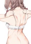  1girl ass back bra braid breasts brown_hair hair_ribbon highres kagura_miyabi kantai_collection large_breasts long_hair no_panties ribbon shinshuu_maru_(kantai_collection) simple_background solo twin_braids underwear white_background white_bra 