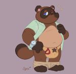  2020 animal_crossing anthro belly blue_eyes bottomwear brown_body brown_fur bulge canid canine clothing fur humanoid_hands male mammal navel nintendo one_eye_closed overweight overweight_male pants raccoon_dog simple_background solo spectral-bat tanuki tom_nook_(animal_crossing) underwear video_games wink 