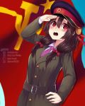  1girl alternate_costume belt blush bow brown_hair collared_shirt hair_between_eyes hair_bow hair_ornament hammer_and_sickle hat highres kono_subarashii_sekai_ni_shukufuku_wo! long_hair low-tied_long_hair necktie open_mouth pun purple_neckwear purple_shirt red_bow red_eyes salute shadow shirt solo soviet twintails upper_body yattsu yunyun_(konosuba) 