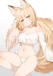 1girl animal_ear_fluff animal_ears bangs bare_legs bare_shoulders blonde_hair breasts cleavage collarbone commentary_request crop_top crop_top_overhang eyebrows_visible_through_hair fox_ears fox_girl fox_tail gradient gradient_background grey_background head_tilt long_sleeves looking_at_viewer medium_breasts narusegawa_riko navel no_pants off-shoulder_shirt off_shoulder original panties parted_lips shirt short_hair slit_pupils solo stomach tail thighs underwear white_background white_panties white_shirt yellow_eyes 