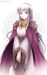  1girl artist_name bangs breasts cape collarbone dress eyelashes feet_out_of_frame fire_emblem fire_emblem:_genealogy_of_the_holy_war hands_together julia_(fire_emblem) long_hair long_sleeves looking_at_viewer medium_breasts parted_lips purple_cape purple_dress purple_eyes shirokuroma_29 sidelocks silver_hair simple_background solo twitter_username white_background wide_sleeves 