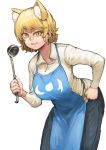  1girl absurdres animal_ears apron arched_back bangs bent_over black_pants blonde_hair blue_apron blush breasts chanta_(ayatakaoisii) collared_shirt ears extra_ears eyebrows_visible_through_hair fox_ears grin hair_between_eyes hand_on_hip highres hip_focus holding_ladle ladle large_breasts long_sleeves looking_at_viewer no_hat no_headwear pants reflective_eyes shiny shiny_hair shirt short_hair simple_background slit_pupils smile solo touhou white_background white_shirt yakumo_ran yellow_eyes 