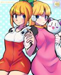  2girls alouette_(rockman_zero) android bangs blonde_hair blue_eyes blunt_bangs blush breasts capcom covered_nipples dress fernandasugar1 high_ponytail holding_hands long_hair multiple_girls robot_ears rockman rockman_(classic) rockman_zero roll small_breasts smile spanish_commentary star starry_background stuffed_animal stuffed_cat stuffed_toy twitter_username yuri 