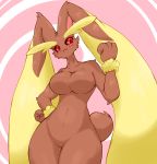  2020 3_fingerss anthro arm_tuft big_breasts biped black_sclera blush breasts brown_body brown_fur cheek_tuft digital_drawing_(artwork) digital_media_(artwork) eyebrows facial_tuft featureless_breasts featureless_crotch female floppy_ears fluffy fluffy_tail fur gatya_zero_robo hand_on_hip lagomorph leg_markings lopunny mammal markings nintendo nude open_mouth pink_background pok&eacute;mon pok&eacute;mon_(species) portrait red_eyes short_tail simple_background small_waist smile solo standing thick_eyebrows thick_thighs three-quarter_portrait toes tuft video_games 