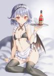 1girl alternate_costume apron arm_support bangs bare_arms bare_shoulders bat_wings bed_sheet bikini black_bikini black_legwear blue_hair blush bottle breasts cha_chya choker collarbone commentary cupping_glass enmaided eyebrows_visible_through_hair feet_out_of_frame gradient gradient_background grey_background hair_between_eyes hand_up highres holding holding_tray looking_at_viewer maid maid_apron maid_bikini maid_headdress navel pointy_ears red_eyes remilia_scarlet short_hair sitting small_breasts solo stomach swimsuit thighhighs thighs touhou tray waist_apron white_apron wings wrist_cuffs yokozuwari 