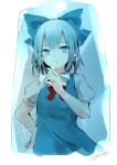 1girl absurdres artist_name bangs blue_bow blue_dress blue_eyes blue_hair bow bowtie cirno commentary dated dress eyebrows_visible_through_hair food food_in_mouth frozen hair_bow hand_on_hip highres holding holding_food looking_at_viewer pinafore_dress popsicle puffy_short_sleeves puffy_sleeves red_bow red_neckwear sakusyo shirt short_hair short_sleeves sidelocks signature sketch solo sparkle touhou upper_body white_shirt 