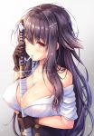  1girl akashio_(loli_ace) azuma_(azur_lane) azur_lane bare_shoulders between_breasts black_hair breasts brown_gloves cleavage collarbone commentary_request covered_nipples glint gloves hair_flaps hair_ornament hairclip highres holding holding_sword holding_weapon katana large_breasts long_hair looking_at_viewer mouth_hold off_shoulder red_eyes sheath shirt sidelocks solo sword underbust unsheathing upper_body weapon white_shirt 