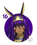  1girl 2019 animal_ears bangs closed_mouth dark_skin dated earrings elena_ivlyushkina fate/grand_order fate_(series) hair_between_eyes jewelry long_hair looking_at_viewer nitocris_(fate/grand_order) number portrait purple_eyes purple_hair shiny shiny_hair signature simple_background smile solo white_background yellow_headband 