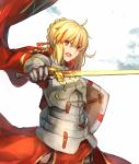  1other armor artoria_pendragon_(all) blonde_hair braid cape excalibur fate/stay_night fate/strange_fake fate_(series) fusion fuurin garter_straps gauntlets glowing glowing_sword glowing_weapon holding holding_sword holding_weapon male_focus multicolored_hair plackart red_cape red_eyes saber saber_(fate/strange_fake) shield single_braid solo streaked_hair sword weapon 