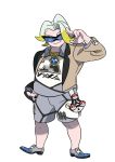  1boy absurdres arm_up artist_request black_gloves blonde_hair blue-framed_eyewear blue_footwear brown_jacket closed_mouth full_body gloves grey_hair grey_shorts gym_leader hand_in_pocket happy highres jacket jewelry long_sleeves makuwa_(pokemon) male_focus multicolored_hair necklace official_art outline poke_ball poke_ball_(generic) pokemon pokemon_(game) pokemon_swsh ring shirt shoes shorts side_slit single_glove smile solo standing sunglasses transparent_background two-tone_hair white_outline 