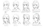  6+girls ayanami_(kantai_collection) bangs blunt_bangs blush braid closed_mouth eyebrows_visible_through_hair fubuki_(kantai_collection) hair_ribbon hatsuyuki_(kantai_collection) highres isonami_(kantai_collection) kantai_collection lineart long_hair low_ponytail low_twintails matsutani miyuki_(kantai_collection) monochrome multiple_girls open_mouth ponytail ribbon sailor_collar shikinami_(kantai_collection) shirayuki_(kantai_collection) short_hair short_ponytail short_twintails side_ponytail sidelocks simple_background single_braid smile translation_request twin_braids twintails upper_body uranami_(kantai_collection) 