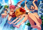  4girls :d absurdres antennae arms_up ass bangs bare_arms bare_legs bare_shoulders barefoot bikini black_bikini blonde_hair blue_bikini blue_bow blue_eyes blue_hair blue_sky bow breasts brooch cirno clenched_hands cloud criss-cross_halter day dive eyebrows_visible_through_hair fang feathered_wings feet full_body green_eyes green_hair grin hair_between_eyes hair_bow hair_ribbon halterneck hands_up head_wings highres hijikawa_arashi ice ice_wings jewelry jumping knees_up lens_flare light_rays multiple_girls mystia_lorelei navel no_hat no_headwear open_mouth outdoors pink_bow pink_hair polka_dot polka_dot_bikini red_bikini red_eyes red_ribbon ribbon rumia sarong short_hair sky small_breasts smile stomach sun swimsuit team_9 thighs touhou water waterfall wings wriggle_nightbug 