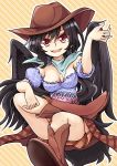  1girl :d aki_chimaki bad_anatomy bandana bangs bare_shoulders black_hair black_wings blue_shirt boots breasts brown_footwear brown_headwear brown_skirt cleavage commentary_request cowboy_shot diagonal-striped_background diagonal_stripes fangs feathered_wings hair_between_eyes hand_up highres invisible_chair knee_boots kurokoma_saki large_breasts long_hair looking_at_viewer off-shoulder_shirt off_shoulder open_mouth orange_background outline partial_commentary puffy_short_sleeves puffy_sleeves red_eyes shirt short_sleeves sitting skirt smile solo striped striped_background thighs touhou very_long_hair white_outline wings 