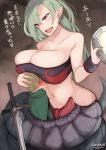  2019 bandeau big_breasts blush breasts cleavage clothed clothing coiling ear_piercing female green_hair hair hi_res himuganeya human humanoid_pointy_ears japanese_text lamia larger_female male male/female mammal melee_weapon piercing red_eyes reptile scalie serpentine shield size_difference smaller_male snake solo sword text translated weapon young 