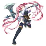  1girl axe belt boots closed_mouth fire_emblem fire_emblem:_three_houses full_body garreg_mach_monastery_uniform highres hilda_valentine_goneril holding holding_axe knee_boots kyarairo long_hair pink_eyes pink_hair simple_background smile solo thighhighs twintails uniform white_background 