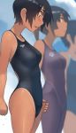  3girls arena_(company) black_eyes black_hair black_swimsuit blue_swimsuit blurry breasts commentary_request competition_school_swimsuit competition_swimsuit covered_nipples cowboy_shot depth_of_field kuronami_(lvi) logo lvi medium_breasts multiple_girls one-piece_swimsuit one-piece_tan original short_hair solo_focus speedo_(company) standing swimsuit tan tanline wet 