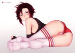  1girl ass black_hair bluefield breasts from_behind gradient_hair gym_shorts gym_uniform highres looking_at_viewer looking_back lying multicolored_hair on_side panties panty_peek partially_visible_vulva red_hair red_shorts ruby_rose rwby shiny shiny_hair shiny_skin short_hair shorts silver_eyes solo sweat tank_top thighhighs two-tone_hair underwear white_background white_legwear white_panties 