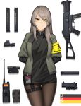  1girl arms_behind_back bangs black_ribbon black_shirt breasts cero_(last2stage) german_flag girls_frontline green_jacket grey_hair gun hair_ribbon highres id_card jacket large_breasts long_hair long_sleeves looking_at_viewer magazine_(weapon) open_clothes open_jacket pantyhose radio ribbon shirt simple_background smile solo submachine_gun suppressor ump40_(girls_frontline) weapon white_background yellow_eyes 